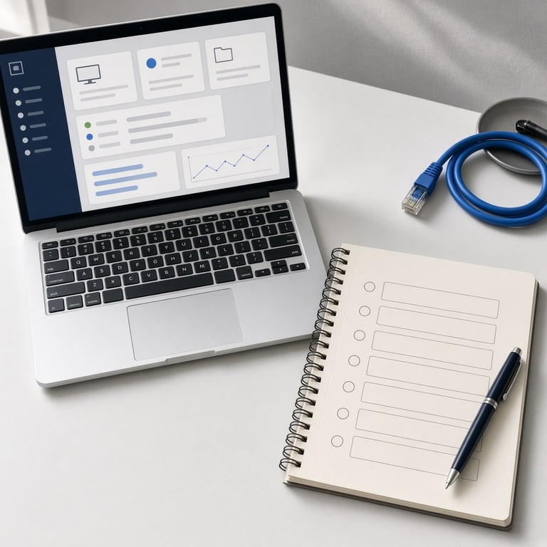 Joomla installation checklist beside a laptop showing a local development server and database setup