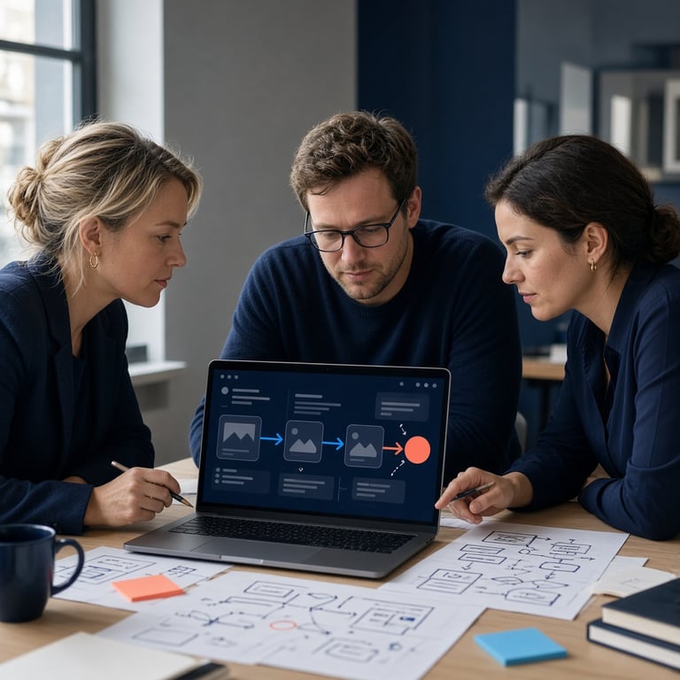 Marketingteam bespreekt een klantreis op een scherm met website, content en conversiedoelen