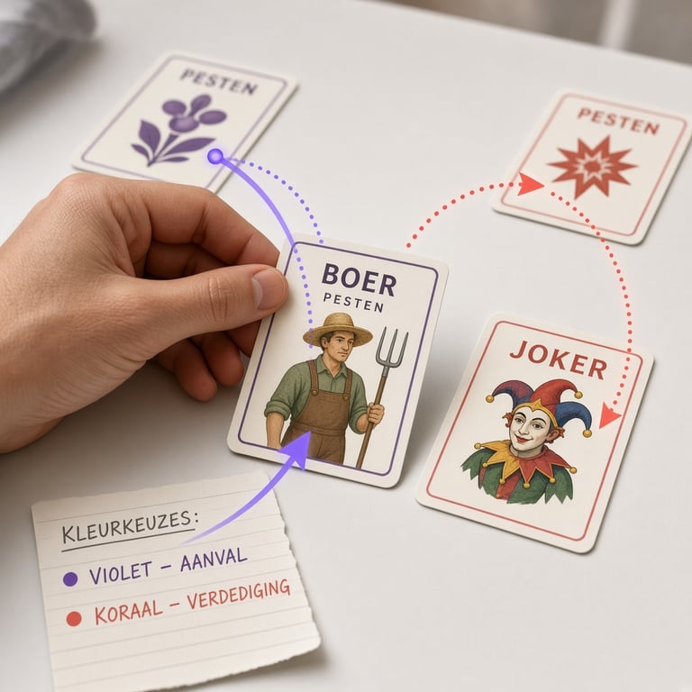 Een speler legt een boer naast een joker en twee andere pestkaarten om de volgende zet te plannen