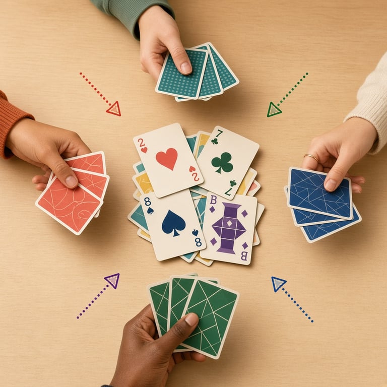 Een kleurrijk kaartspel op tafel met een open aflegstapel en tactische pijlen als visuele overlay