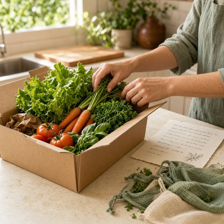 A bright Australian kitchen bench with a fresh vegetable box being unpacked beside a shopping list and reusable produce bags