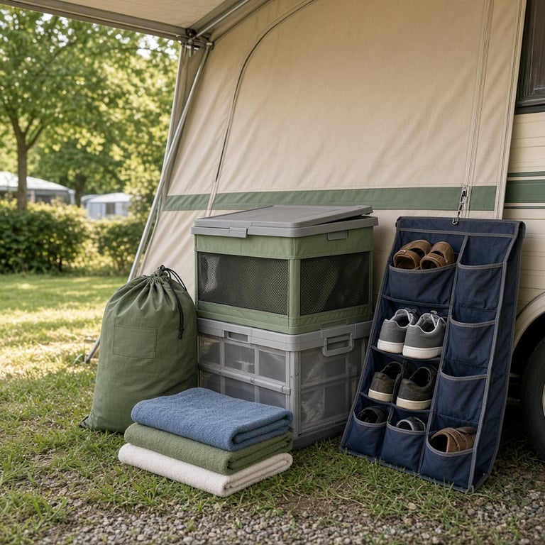 Geordende kampeeruitrusting met opvouwbare bakken, schoenenopberger en waszak bij een Nederlandse camping