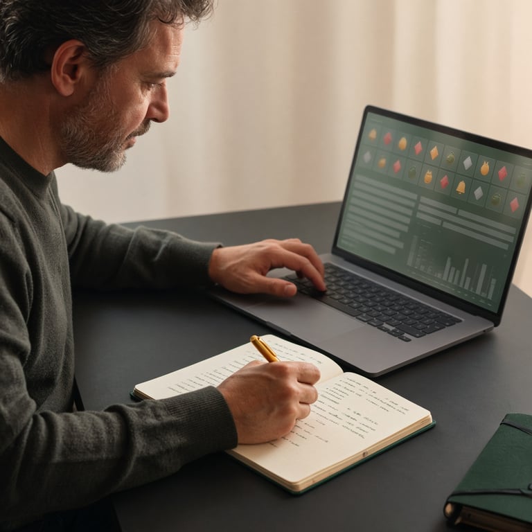 Australian adult reviewing a pokie paytable and session budget beside a laptop, with emerald green and warm cream details