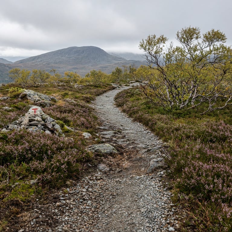 Merket tursti gjennom fjellterreng ved Tempelnatten med utsikt mot Tempelseter