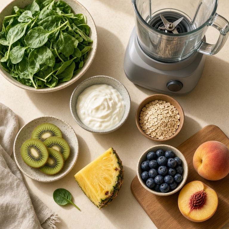 Fresh fruit, spinach, oats and yoghurt arranged beside a blender for smoothie preparation