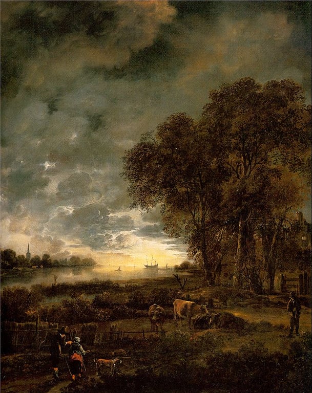 Rivierlandschap in de avond