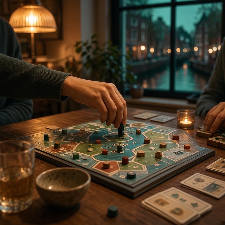Spelers rond een bordspel aan een warme tafel