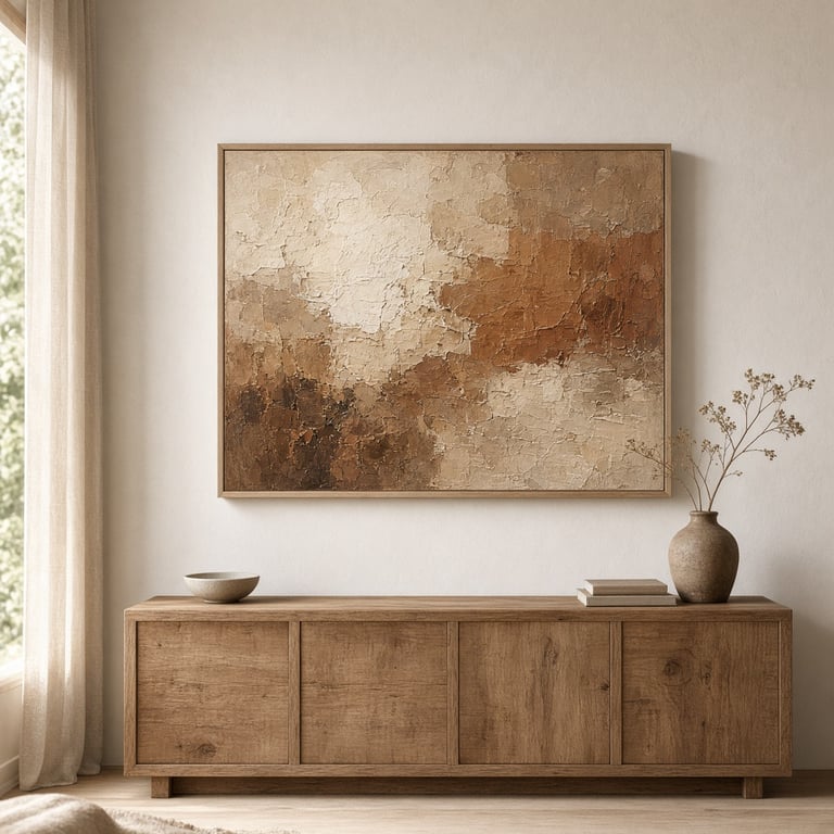 Origineel schilderij in aardetinten boven een rustige houten kast in een licht atelierinterieur