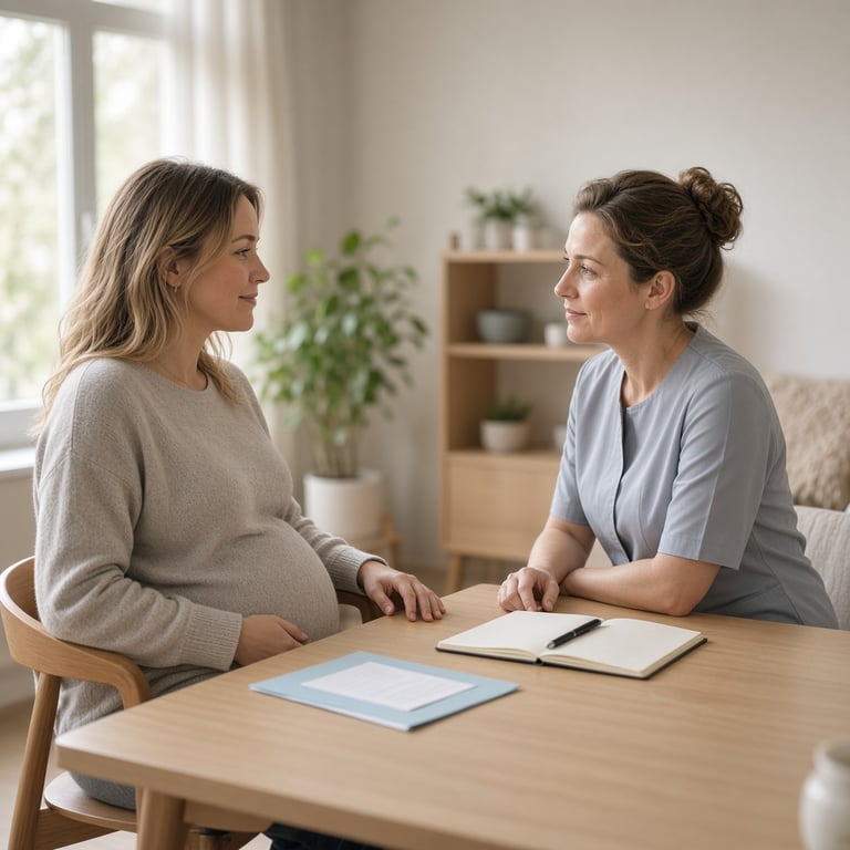 Gravid kvinne i rolig samtale med jordmor på et lyst helserom