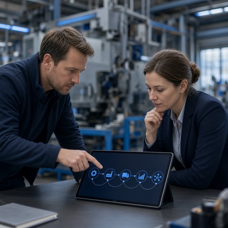Marketingteam en productengineer bespreken een industriële klantreis op een scherm in een productiefaciliteit