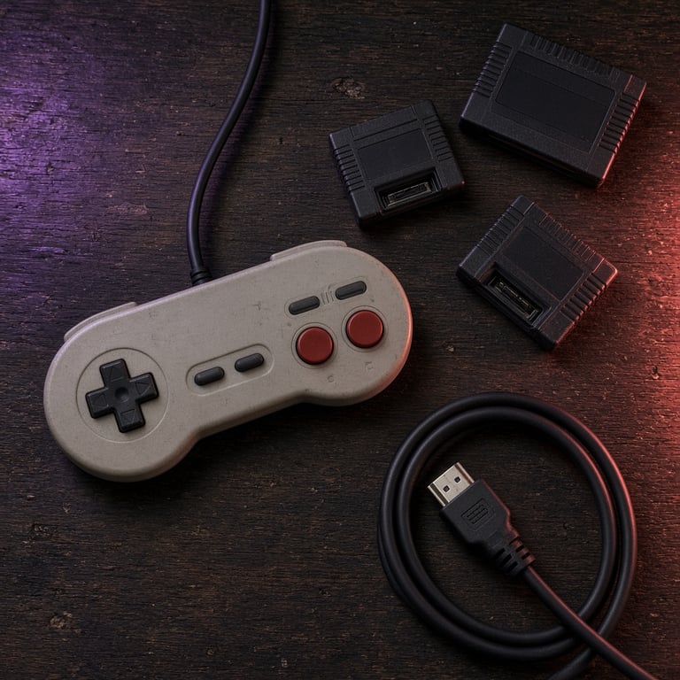 Een klassieke controller, cartridges en een moderne HDMI-aansluiting op een speeltafel