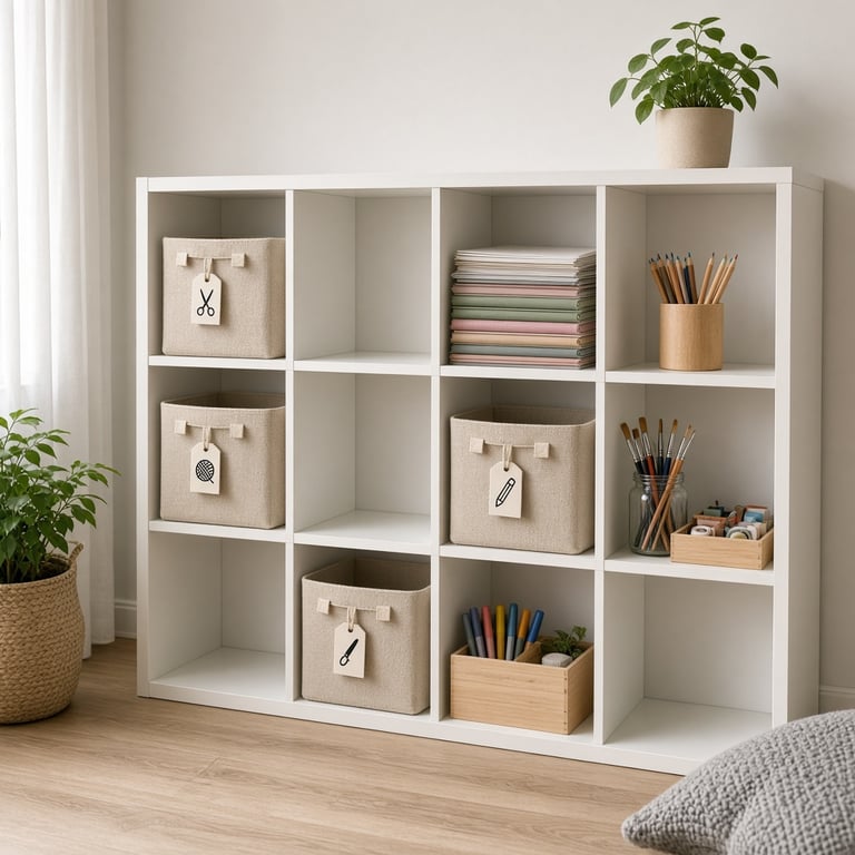 Een overzichtelijke IKEA-vakkenkast in een Nederlandse hobbyhoek met gelabelde manden en vrije vakken