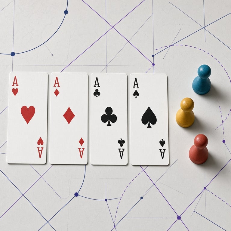 Vier speelkaarten van dezelfde waarde naast gekleurde pionnen op een lichte speeltafel