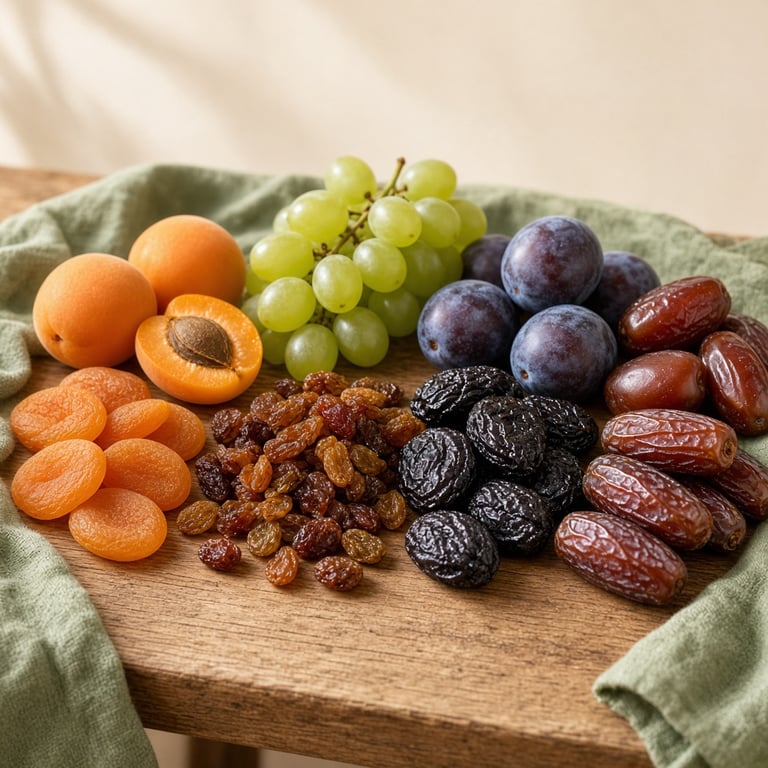 A bowl of unsweetened dried apricots, raisins, prunes, and dates beside fresh fruit on a warm kitchen table