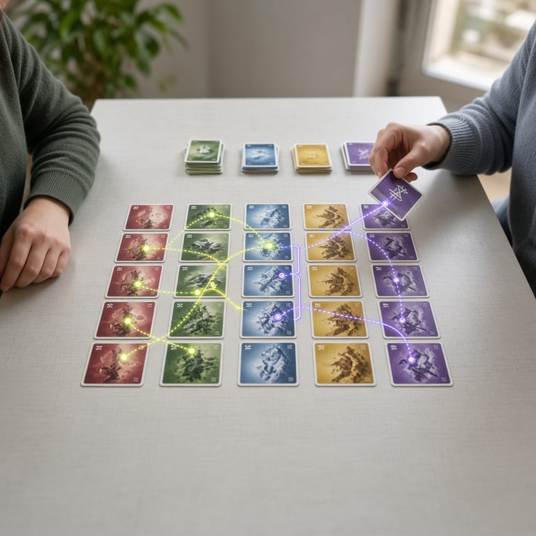 Twee spelers bouwen kleurrijke expedities met kaarten op een moderne speeltafel