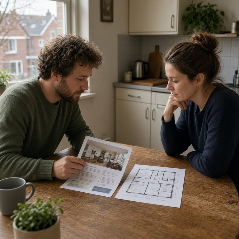 Twee huurders bekijken samen een woningruiladvertentie aan de keukentafel in Apeldoorn