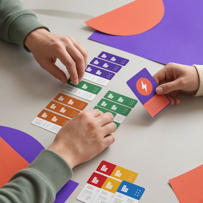 Monopoly kaartspel met openliggende eigendoms- en actiekaarten op een moderne speeltafel