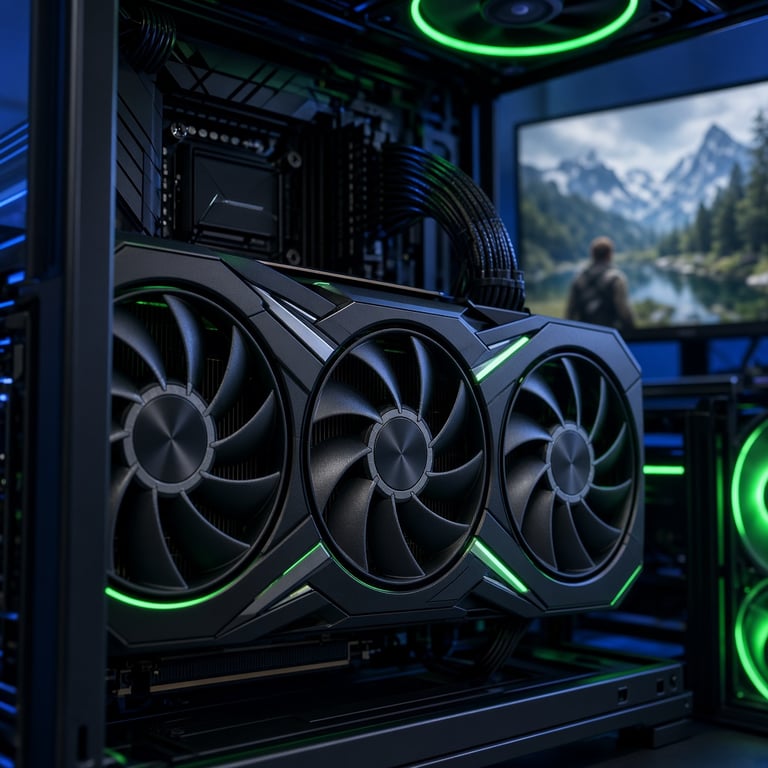AMD Radeon graphics card installed in a modern gaming PC with a 1440p monitor