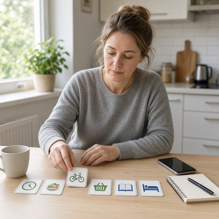 Volwassene oefent een dagelijkse planning met pictogrammen, een telefoon en een notitieblok