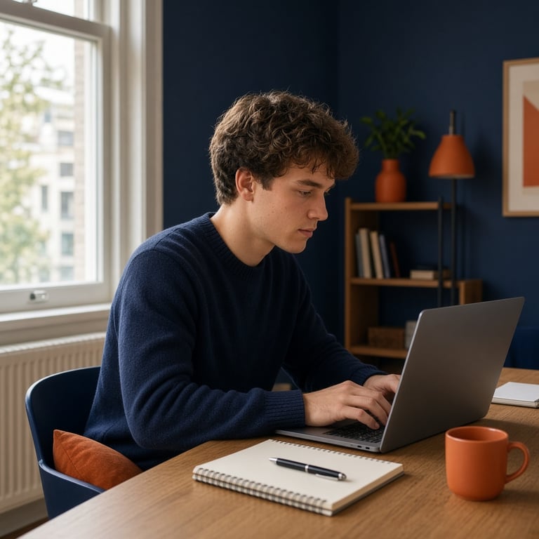Student maakt een online oefentoets aan een bureau in een Nederlandse studeerkamer