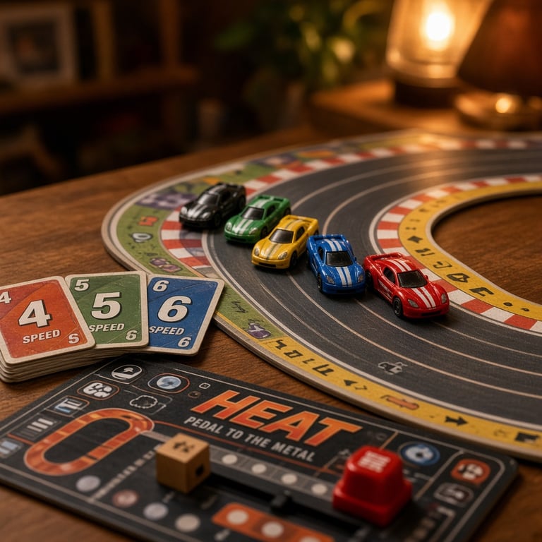 Raceauto's van het HEAT bordspel staan vlak voor een scherpe bocht op een kleurrijk circuit