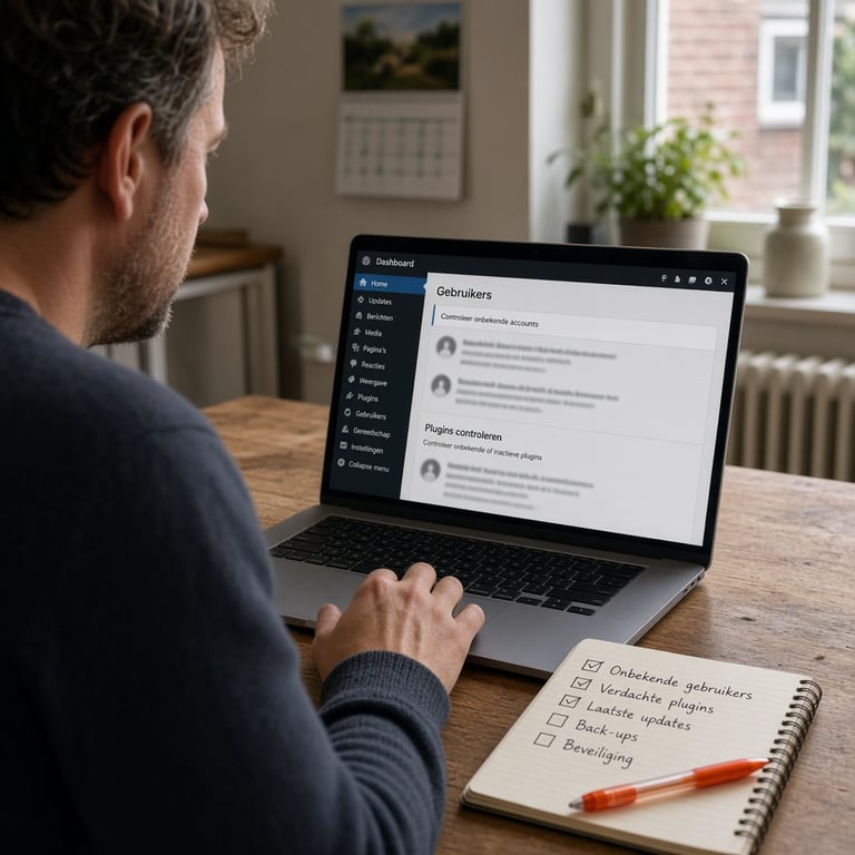 Nederlandse thuiswerkplek met een WordPress-beheerscherm en een opvallende beveiligingsmelding
