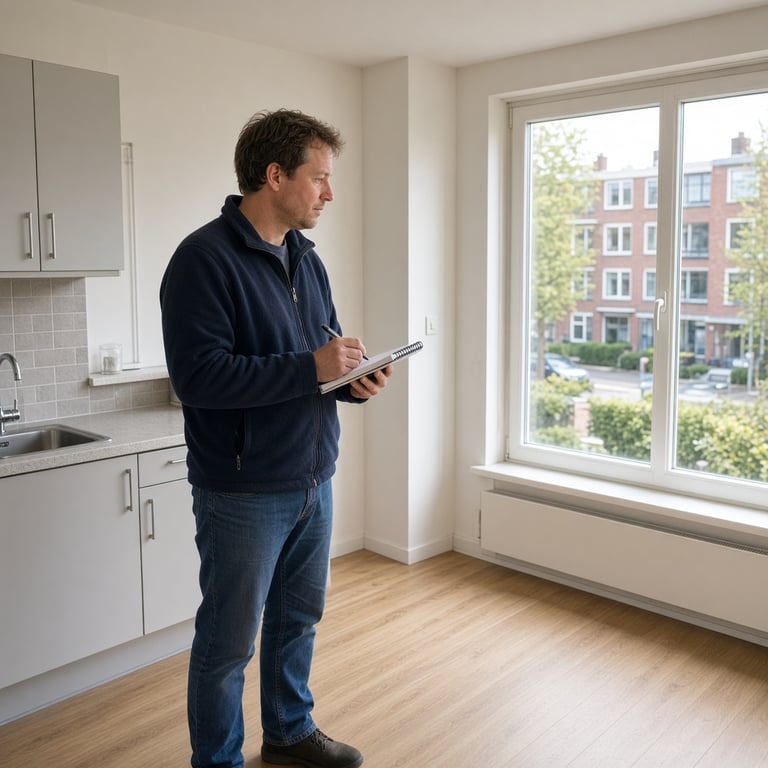 Een bezichtiging van een huurwoning waarbij de staat van keuken en vloer zorgvuldig wordt gecontroleerd