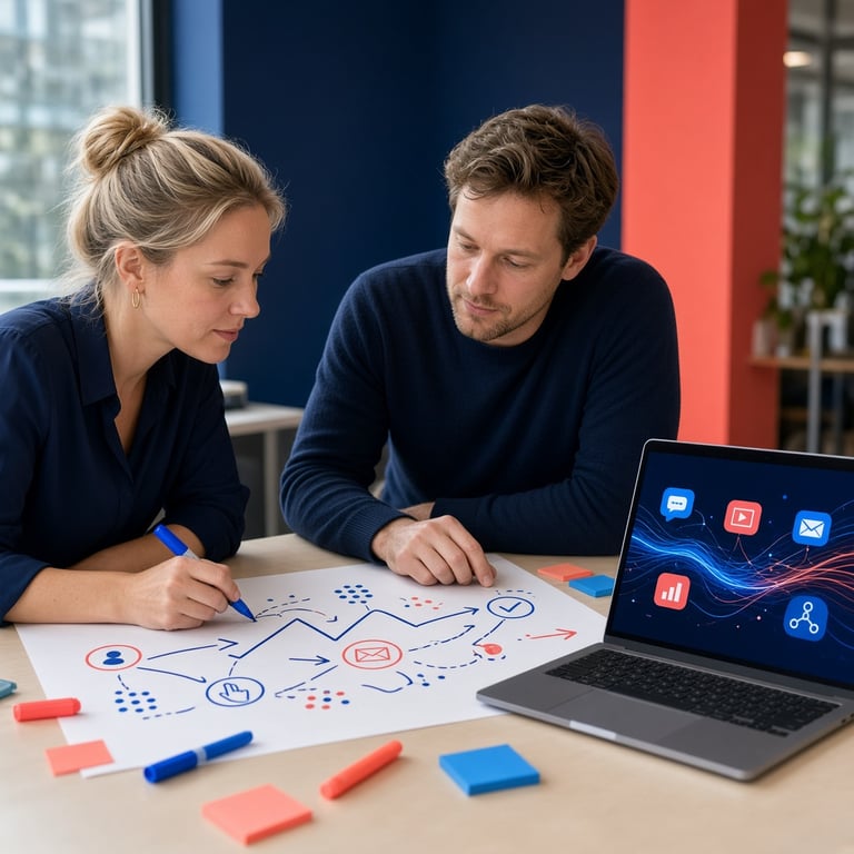 Strategisch overleg over digitale marketing rond een scherm met klantreis en kanalen