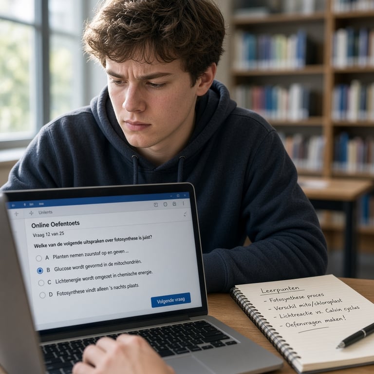 Student maakt een online oefentoets op een laptop in een Nederlandse bibliotheek