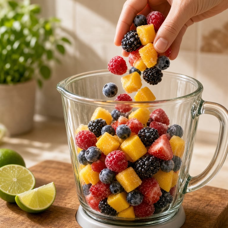 Frozen mango and berries being portioned into a blender for a colourful breakfast smoothie
