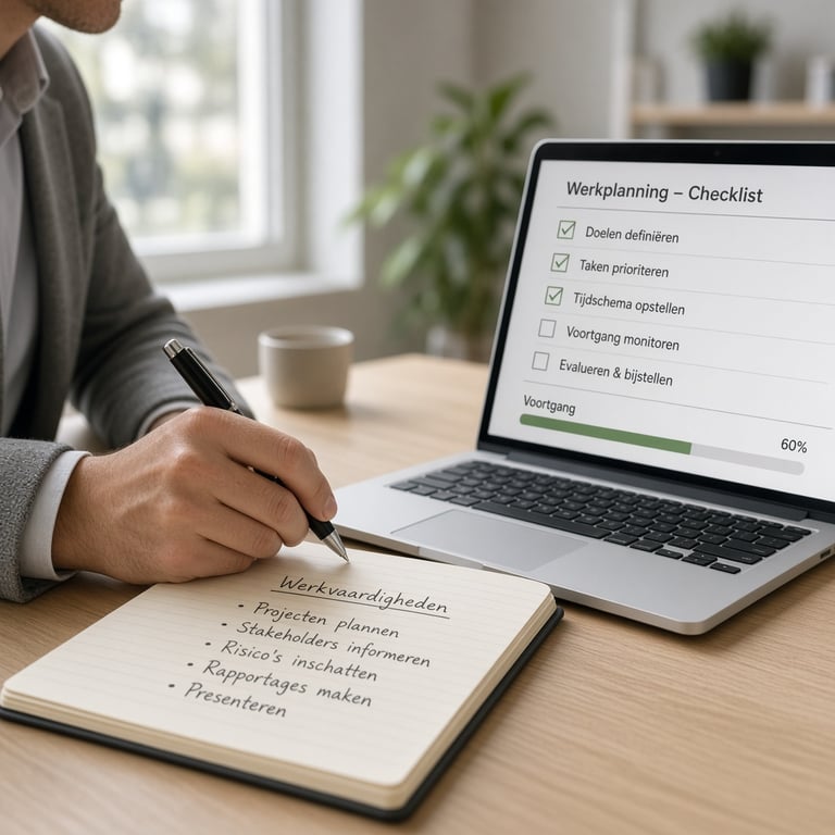 Professional die vaardigheden noteert naast een laptop tijdens een rustige voorbereiding op een sollicitatie