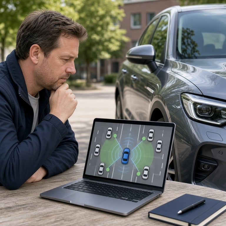 Bestuurder bestudeert rijhulpsystemen en verkeerssituaties tijdens een oefensessie