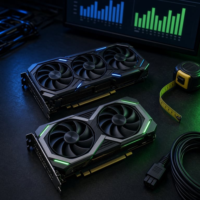 Two modern graphics cards on a dark PC workbench with a monitor showing a side-by-side performance chart