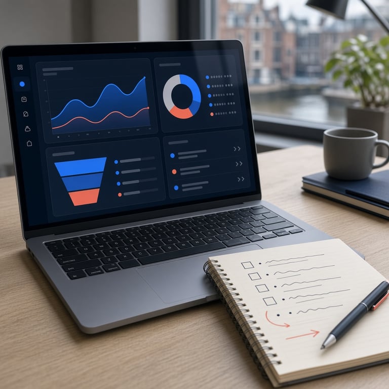 Marketingdashboard met zoekverkeer, conversies en opvolgacties voor een campagne