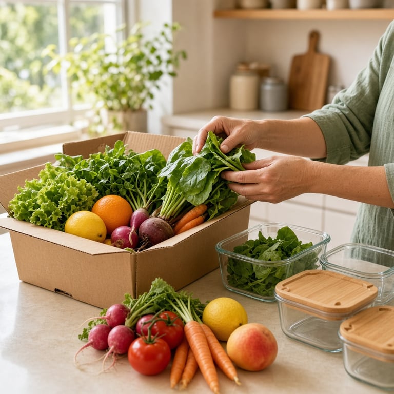 Hands unpacking a seasonal fruit and vegetable delivery beside reusable storage containers in an Australian home kitchen
