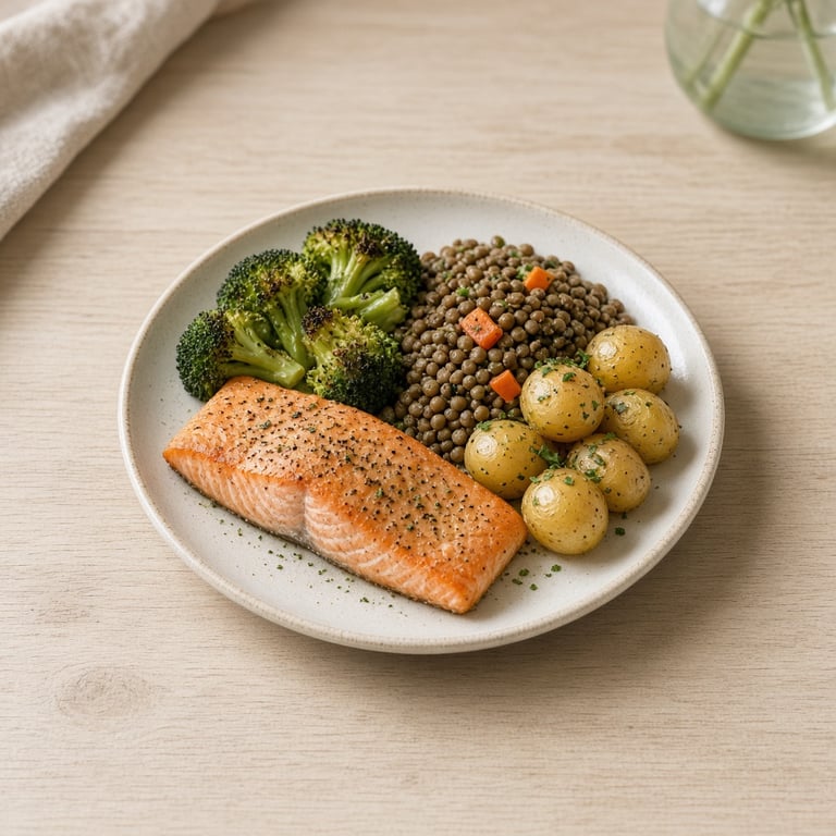 Ovnsbakt laks med brokkoli, linser og poteter