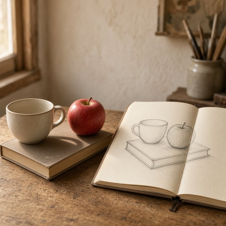 Stilleven als tekenoefening met een kopje, appel en boek