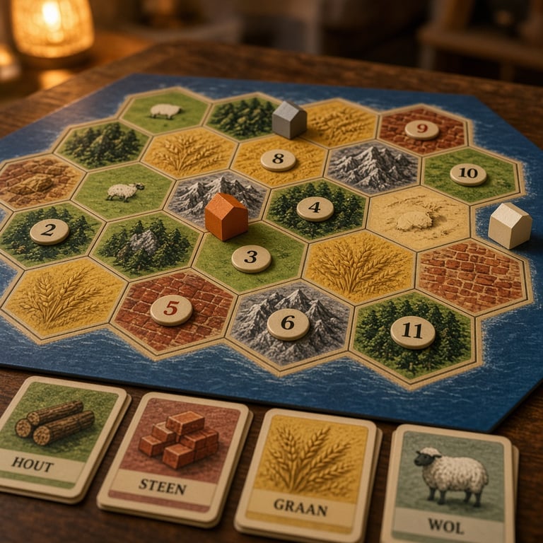 Spelers verzamelen grondstoffen rond een kleurrijk Catan speelbord tijdens een gezellige spelavond