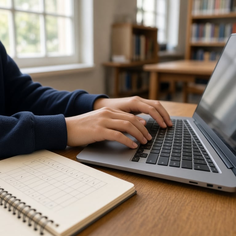 Leerling werkt met examenvragen op een laptop aan een studietafel