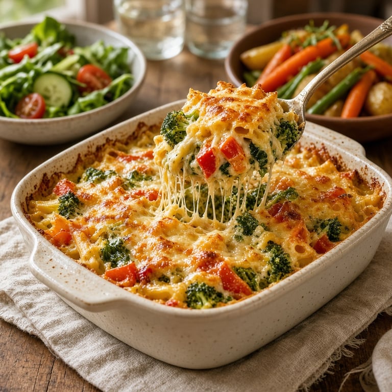 A serving spoon lifting cheesy vegetable pasta bake beside a crisp green salad and seasonal produce