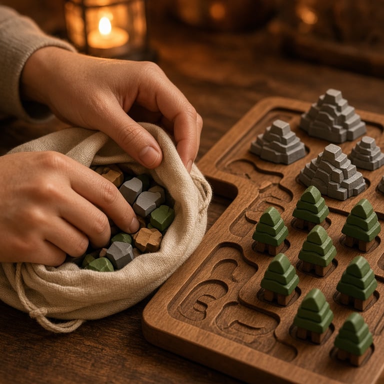 Harmonies bordspel met kleurrijke terreinstenen en dierenkaarten op tafel