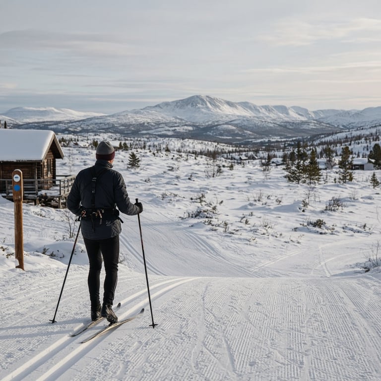 Langrennsløper på et åpent vinterfjell med utsikt mot Tempelnatten og nærliggende topper