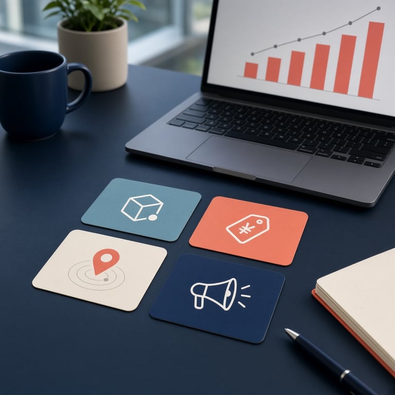Marketingmix met product prijs plaats en promotie op een werktafel