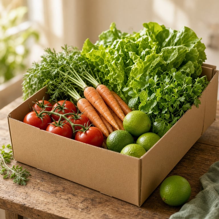 A market-style produce box with leafy greens, tomatoes, carrots, and limes arranged on a warm kitchen bench