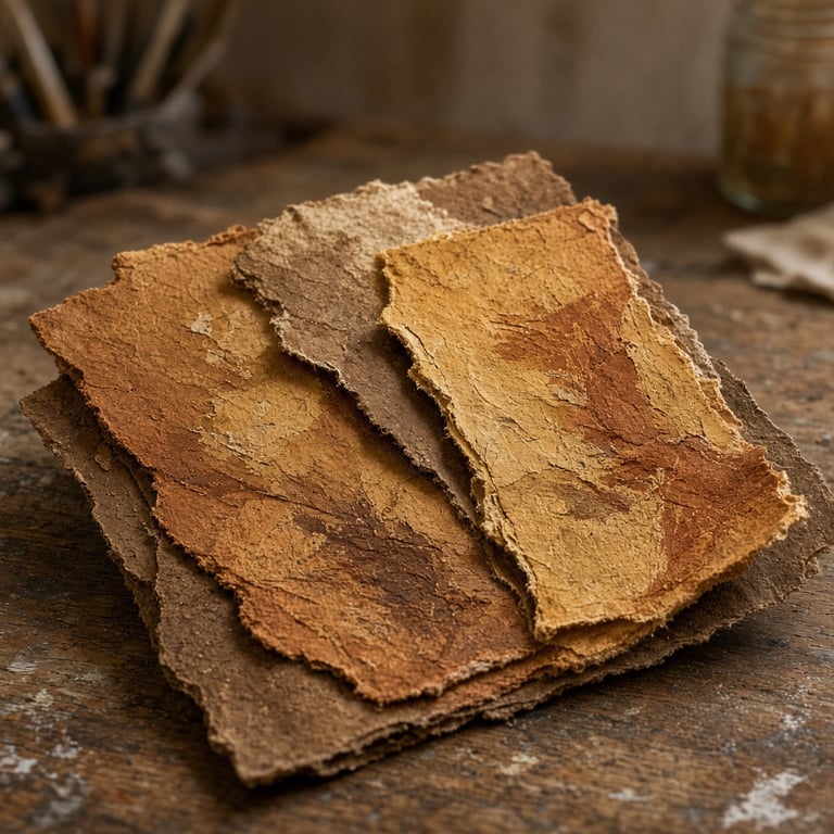 Gelaagde papiercompositie met reliëf, verfsporen en zachte schaduwen in een atelier
