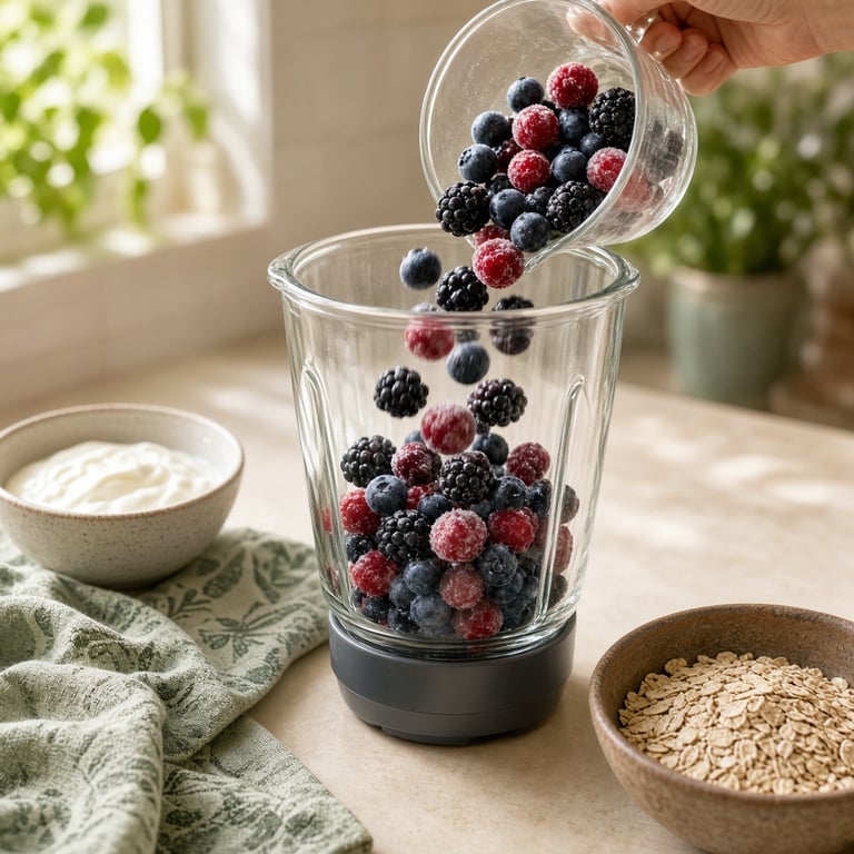 Frozen berries being measured into a clean glass blender jar beside yoghurt and oats