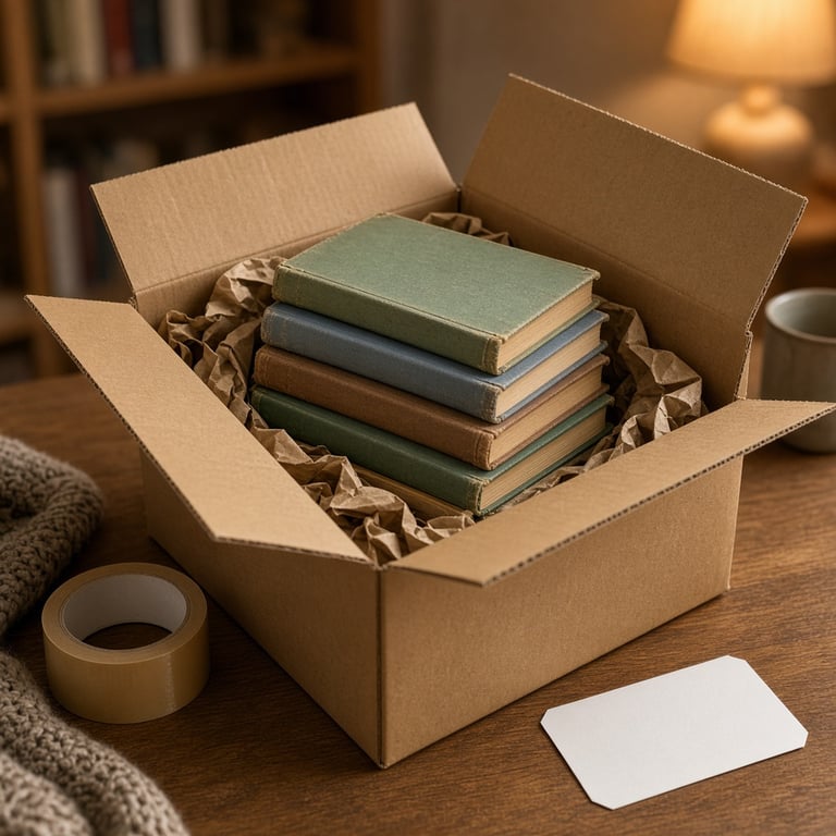 Een ingepakte doos met tweedehands boeken klaar voor verzending