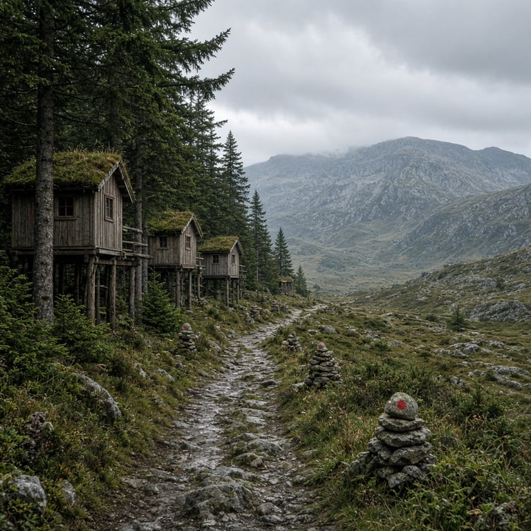 Fjellhytter ved Tempelnatten med skog, åpent høyfjellsterreng og en tydelig tursti