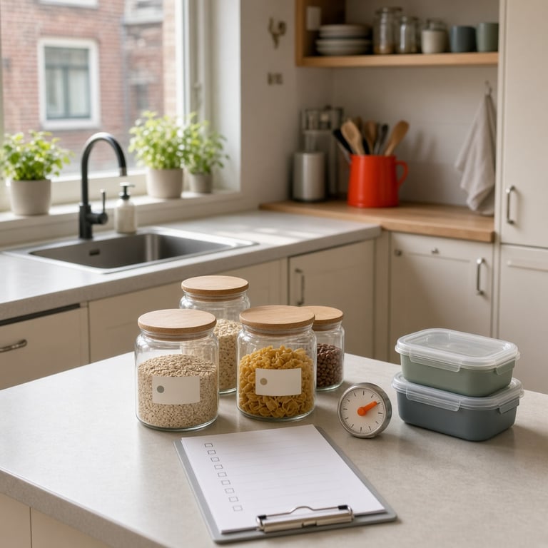 Een opgeruimde Nederlandse keuken met gelabelde bewaarbakjes, een boodschappenlijst en een timer op het aanrecht