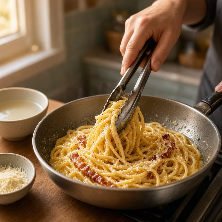 Romige pasta carbonara met spaghetti, guanciale en versgemalen zwarte peper